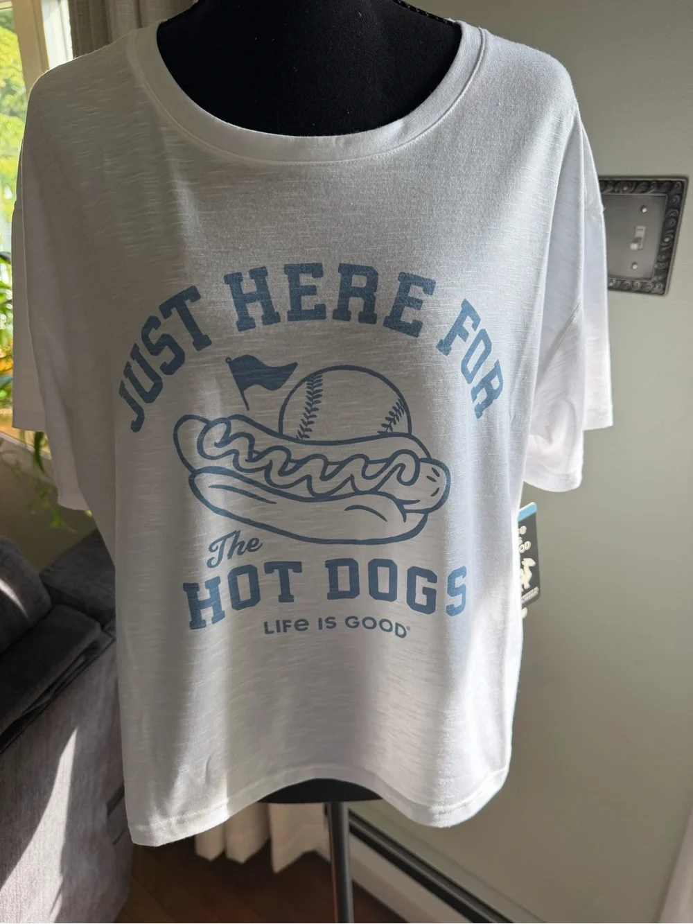 Life Is Good White T-Shirt with Light Blue Hot Dog Graphic